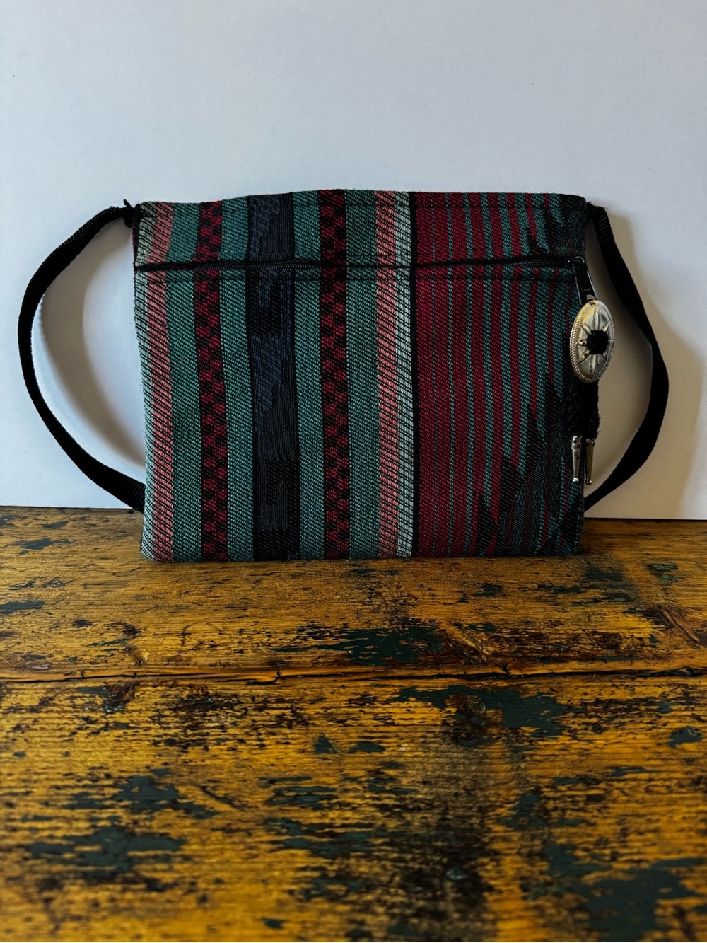 Southwest Style Striped Crossbody Bag in Teal and Burgundy